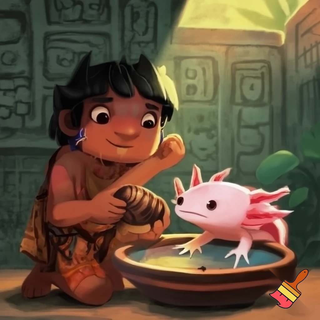 an Aztec boy playing eating ants and an axolotl 