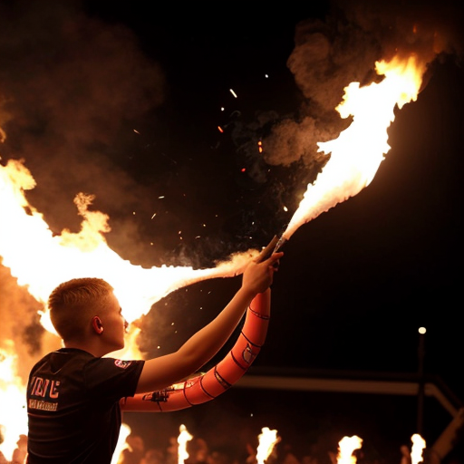 Create a pyro show of a fan curve. The pyros are supposed to be red and ignited by almost everyone. In addition, a banner will be shown: AUF GEHTS VICTORIA, KÄMPFEN UND SIEGEN!
