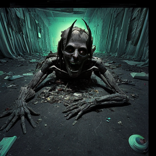 ​A screenshot of a social media feed with two stacked posts, featuring unreadable, distorted text and standard interaction icons. The top post displays two side-by-side images of a distorted, macabre humanoid figure in a tattered gown, covered in tattered cloths, lying on light dirt. The bottom post shows a single image of a messy, desolate space filled with debris and a dark, heavily distorted demon, The entire image must have a low-resolution, weirdcore, "cursed image" style with early AI generation artifacts.