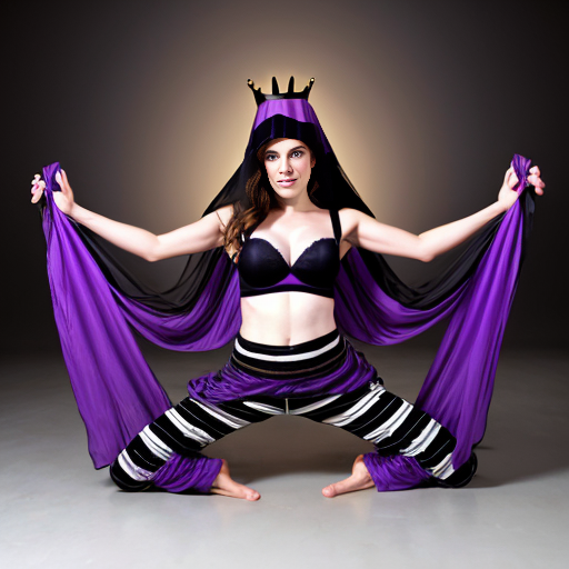 90's disney's 2d aladdin style comic dark blue background of panel 1 evil queen barefoot with purple and black striped harem pants and purple and black striped bra with both hand palms place together and hiding the bottom of her mouth with a purple and black striped veil wrapped around her arms. panel 2 she danced barefoot with purple and black striped harem pants and purple and black striped bra and purple and black striped veil covering her shoulders and arms and raising legs and bounced up and down her belly and which causes an electric discharge to form which transforms her purple and black striped veil from shoulders and arms into a bolt of lightning. Panel 3 which tye evil queen barefoot with purple and black striped harem pants and purple and black striped bra grabs the lightning bolt from her shoulders and arms with one hand. panel 4 then the evil queen barefoot with purple and black striped harem pants and purple and black striped bra rubs the lightning bolt on her butt with the lightning bolt against her butt and shook her hips left and right. panel 5 then as the evil queen barefoot with purple and black striped harem pants and purple and black striped bra still shook her butt left and right she turns and her butt is now facing the viewer while rubbing the lighting bolt with her.