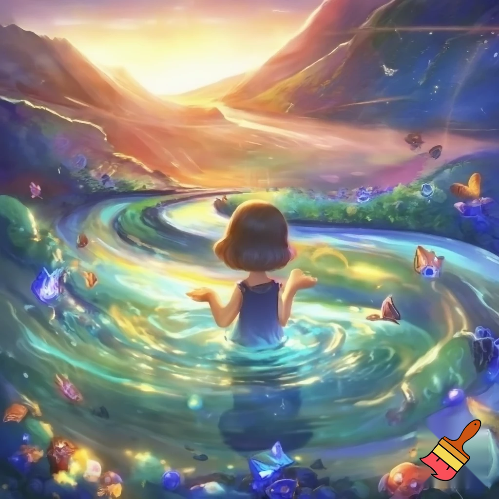 Маленькая девочка сидит возле волшебного ручья, повернувшись спиной вполоборота, набирает воду в ладошки, ручей уходит вдаль до горизонта , горная долина , Всё блестит и сверкает от солнечного цвета, Вокруг красивые цветы, животные , птицы , стрекозы и бабочки