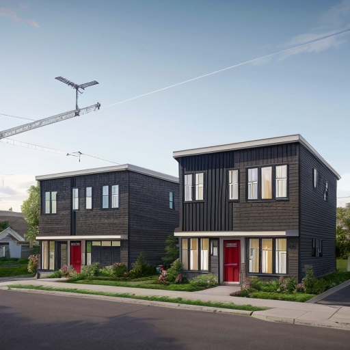 Generate a suburban neighborhood with one main rectilinear street and smaller, local streets separating off of it in a curved, varied manner. The urban space should have small street blocks with 5 or 6 uniform rectangular parcels and an interstate highway running along the edge of the neighborhood. Parcels should contain small square buildings and green garden areas behind them. Buildings should be mainly vernacular residential buildings (small homes) of about 2-3 floors with 2 or three small-scale commercial businesses on every other corner along the main street. Show entire neighborhood