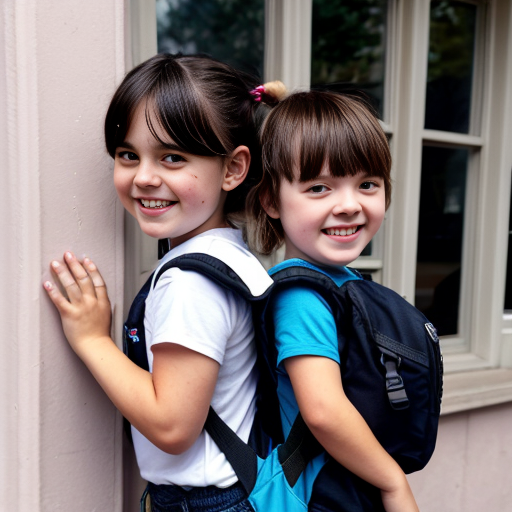 A bright, colorful children’s book cover in the style of a Disney cartoon. In the center, a smiling girl stands in front of a cheerful elementary school building, next to her younger brother who has Down syndrome and autism.

The girl has light skin and big expressive eyes. She has blonde hair in a high ponytail with a cute hair tie. She is wearing a light pink skirt and a white ruffled shirt, with a colorful backpack on her shoulders.

Her brother has light skin, short fluffy hair, and gentle, happy eyes. Show his features clearly so it’s clear he has Down syndrome, but in a kind and respectful way. He is wearing a dark blue shirt, black shorts, and a backpack. He is smiling and standing close to his sister, maybe holding her hand or standing shoulder to shoulder, to show their strong, loving bond.

Behind them is a warm, welcoming school building with big windows, a front door, and the school name on a sign or banner. Add trees, flowers, and a sunny blue sky with soft clouds to make the scene bright and happy, like a Disney movie background.

At the top of the cover, in large, playful, Disney-like letters, write the title: “Posey’s Story”.
Leave space at the bottom for the author’s name.

The overall style should be like a Disney animated film: soft shading, big friendly eyes, rounded shapes, and an emotional, heartwarming feeling that celebrates siblings, kindness, and inclusion.