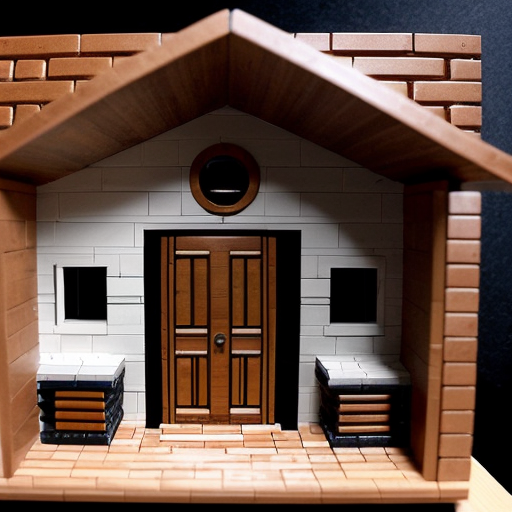  Make a cabin that can be described like this On the outside, the cabin is made of bricks and has a row of smokestacks on the top, making it look like a miniature factory. The door is bronze, thick, and circular, like a vault door, and opens with lots of steam and gears clunking.