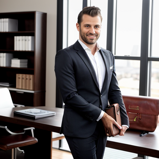 Create a cinematic fashion image of a confident man aged 30–45, wearing a tailored dark suit and carrying the **Fasano Executive Briefcase** in **Ebony Black** full-grain leather. The model should have a calm, professional demeanor, with a slight smile and confident posture. He is walking through an elegant law office, with a polished wooden desk, bookshelves, and soft ambient lighting in the background. 

The focus should be on the model’s sophisticated appearance and the sleek design of the **Fasano Executive Briefcase**, with the bag’s brushed palladium hardware reflecting the soft light. The office background should feature rich textures like leather chairs, a modern desk, and subtle touches of luxury, such as framed legal books and a polished pen. The lighting should be warm, with a mix of soft natural light from the window and ambient artificial lighting to create a refined atmosphere.

The composition should highlight the leather texture, the fine details of the bag, and the overall luxurious yet professional look.
