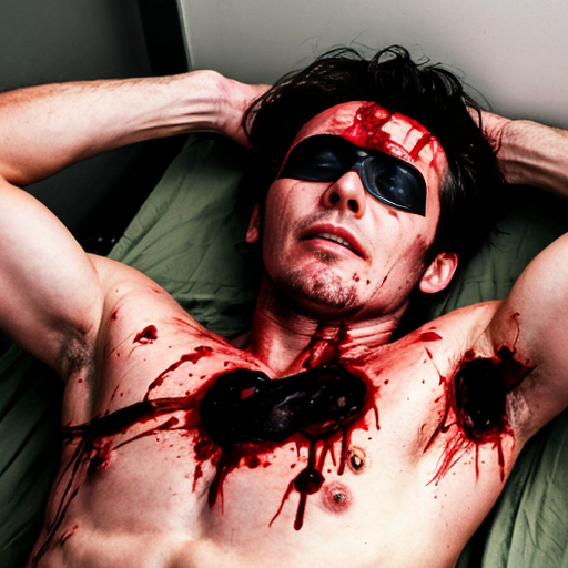 A corpse shirtless man, died, face are hiding by shirt, eye closed, chest opened wounded, blood everywhere.