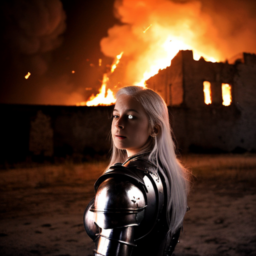 young, tall, white-haired woman in armor stands in front of a burning castle into which meteorites are falling.
