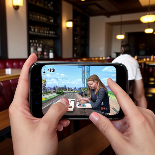 Goretzka play game on apple phone and Vanessa play game on apple phone at the restaurant 
