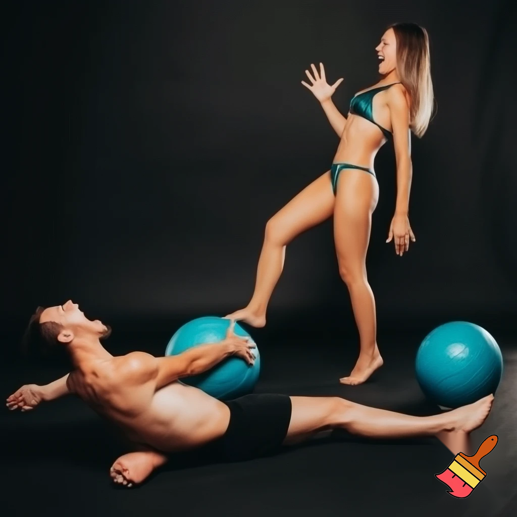                                                                                                               A very attractive woman pulling really hard on a mans balls, attempting to rip them off. Man is naked and laying on the floor, woman in bikini and standing with one foot on his stomach, and the man is screaming