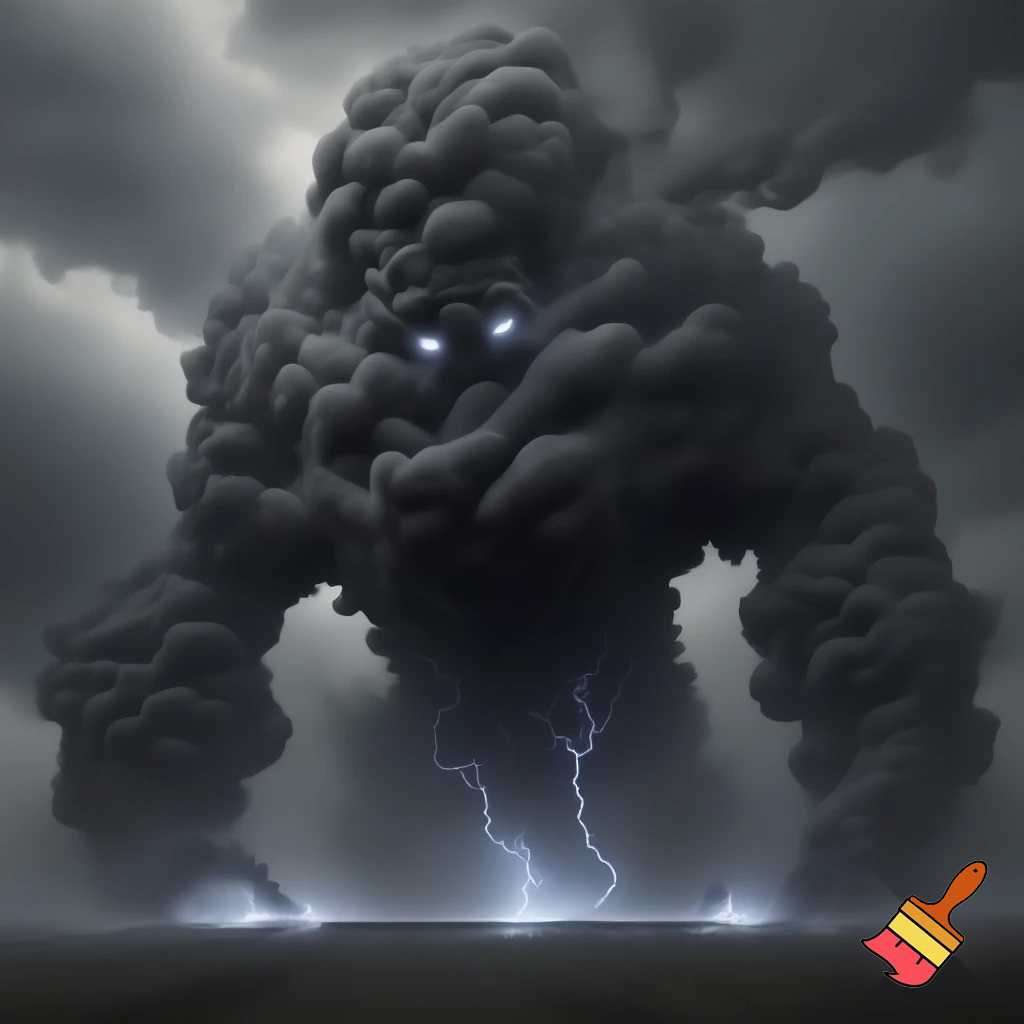 A dark storm-creature with a cloudy, smoky body made of compressed thunderclouds, with glowing white eyes and small electric sparks moving under the surface. His form looks semi-solid, like dense fog shaped into a humanoid figure. Little blue lightning snaps under his feet when he walks. He looks brave but slightly unstable, with wisps of cloud drifting off his shoulders and arms. The vibe is mystical, powerful and atmospheric.