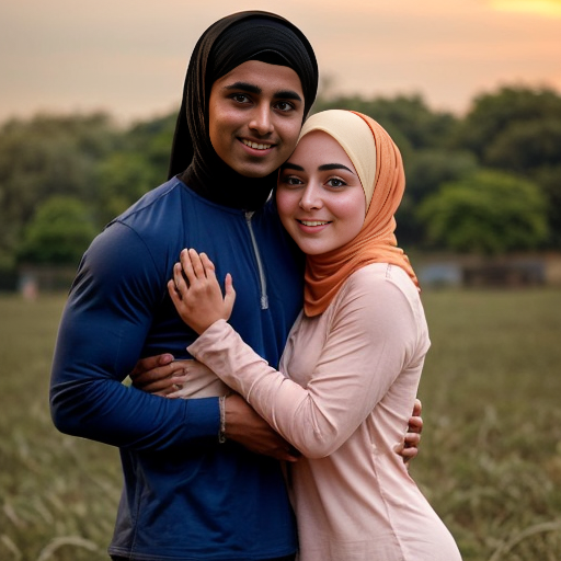 cute Muslim girl in a vibrant hijab and a handsome Hindu boy with tanned skin and a muscular build, both in a park during sunset. The girl rests her head on his chest, smiling happily, while he holds her protectively, conveying a sense of safety and intimacy. The background features soft colors and a warm atmosphere,she should be tall too but not taller than him,cute and romantic on bed not open fields,she shouldn't be chubby ,just slum and mid and must be cute and romantically digging into him for comfort,yeah amd expose her a little ,she doesn't need to be dress packed like a cake,put her in less modest