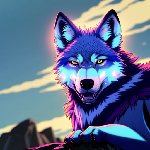 create an image of a blue wolf with glowing fur, glowing red eyes ,gleaming fangs and a crocidile face . It is on a rocky cliff
