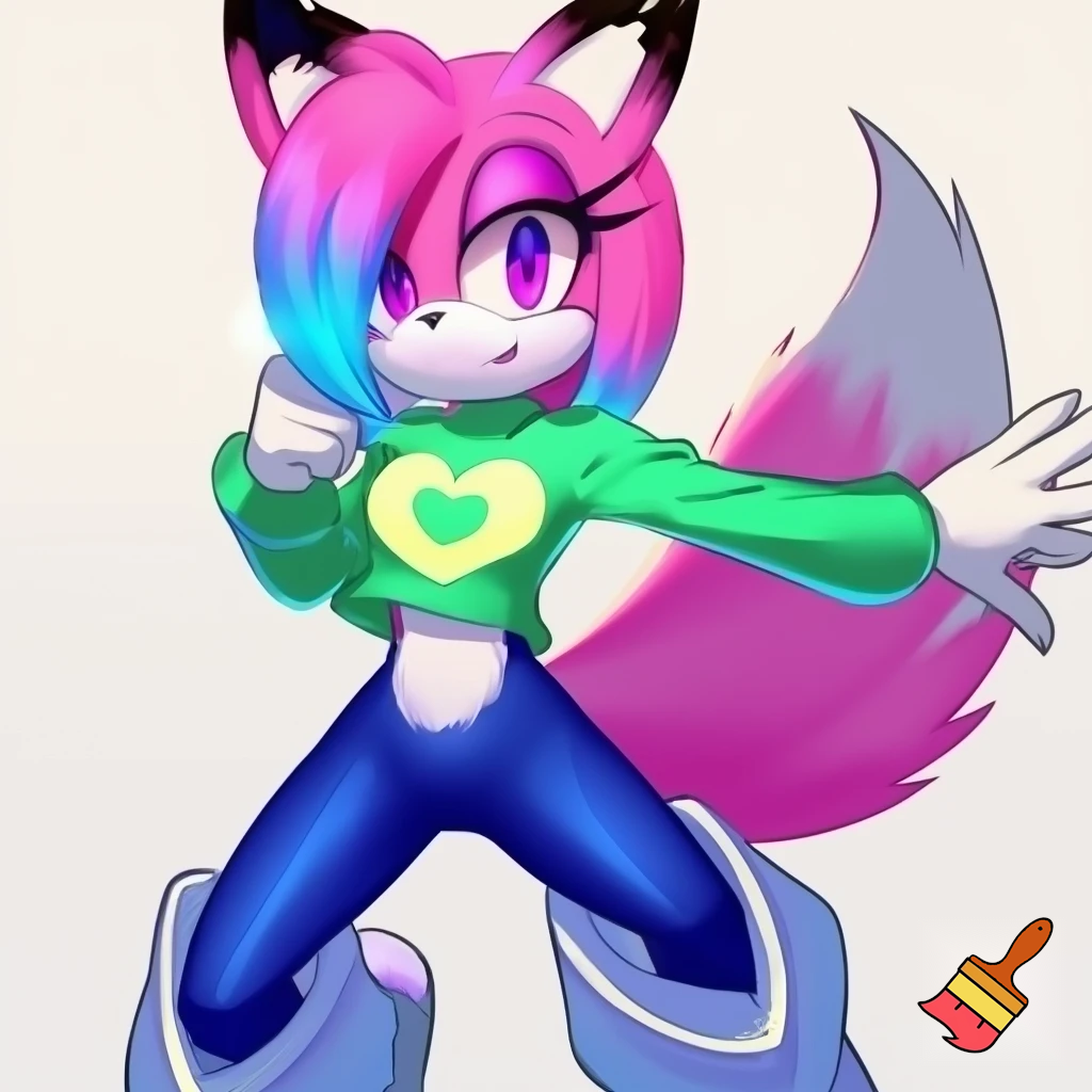 Pink fox sonic oc female with purple eyes, blue at end of swept hair on left side in front and long straight hair in back, black tipped ears, green cropped shirt with long sleeves and light yellow heart in the middle of shirt with an even smaller green heart in the middle of that light yellow heart, blue pants and long white and gray-blue gradient boots. sonic styled fox. no eyeshadow. white fluffy cheeks and stomach.