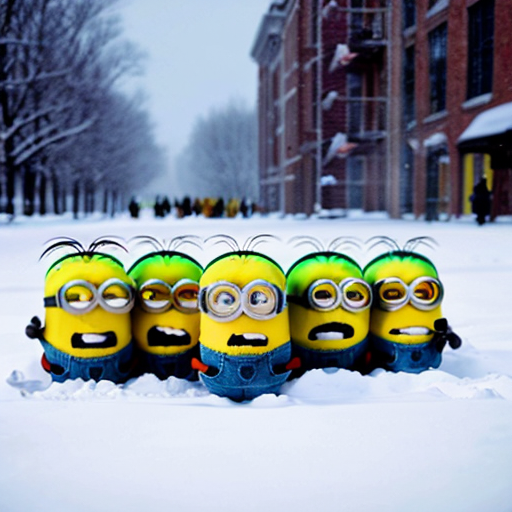 6 elmos in a circle pointing at an angry minion sitting in the middle of the elmos. Outside in the snow. A group of minions with shovels are coming in the background to save the minion.