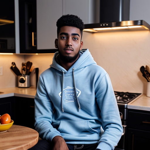 Pixar-style 3D cartoon, bright friendly colors, kitchen scene. Muslim mother, 35-40 years old, fully covered in light blue dress, cooking on the stove. Her son, 20 years old, wearing a blue hoodie and black jeans, short Muslim hairstyle, sitting at the table. Warm lighting, cozy atmosphere, detailed kitchen, natural composition young Muslim man, 20 years old, blue hoodie, black jeans, short Muslim hairstyle, bearded, round face, brown eyes