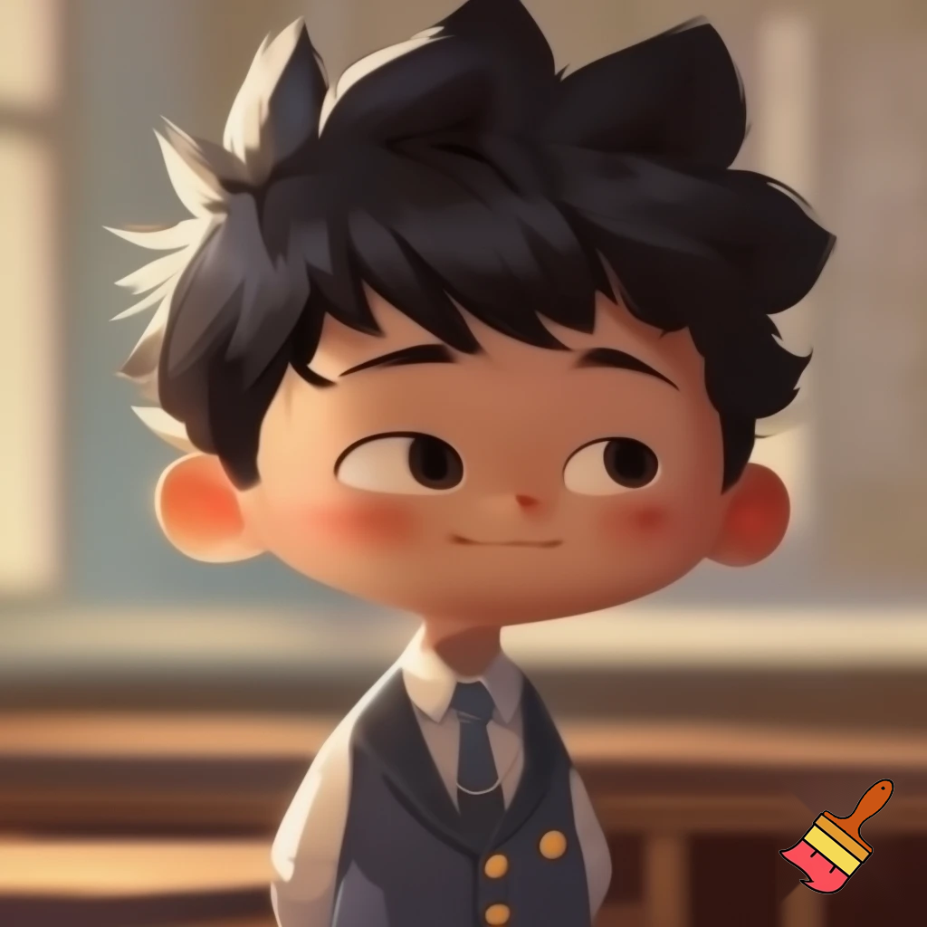 A young boy and had spiky hair, chubby and in uniform 