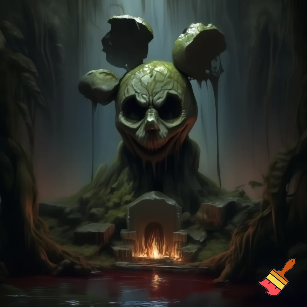 Ancient stone idol of Mickey Mouse with blood sacrifice