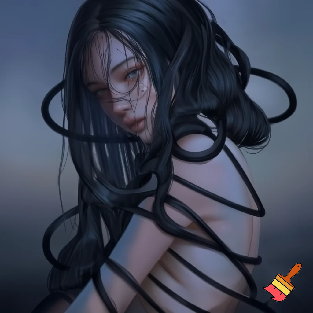 girl bound by her long hair