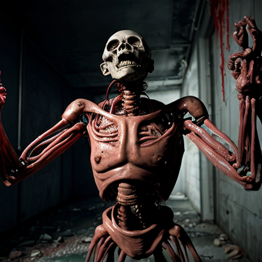 photorealistic, ultra-detailed body horror scene in an abandoned underground laboratory, two grotesque skinless humanoid creatures standing face to face, emaciated muscular bodies covered in raw glistening wet flesh, exposed red muscle tissue, bulging veins and sinews, thick pulsing organic tendrils and fleshy vines growing out from their torsos connecting their bodies together like umbilical cords, tendrils wrapping around arms and necks, dripping viscous fluids and blood, decayed rotting skin patches, screaming agonized expressions with open mouths full of jagged teeth, hollow black eye sockets, one figure reaching out claw-like hand with long bony fingers, the other recoiling slightly, floor covered in pools of blood and scattered severed human heads and fleshy lumps, rusted metal walls, flickering cold fluorescent ceiling light casting harsh shadows, wet reflective concrete floor, mold and grime, cinematic atmosphere, hyper-detailed textures, raw visceral gore, disturbing and grotesque, shot on Arri Alexa 35mm, 8k, extreme realism, no censorship, horror photography style