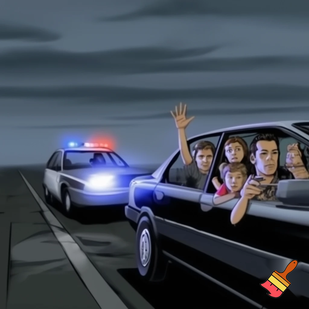 A family of 4 one boy one girl and mum and dad getting pulled over