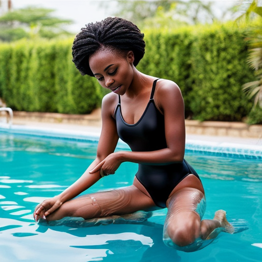 afrikanische frau trainerin knieend am beckenrand mit transparenten schwimmflügeln und aufblasbare transparenter schwimmweste