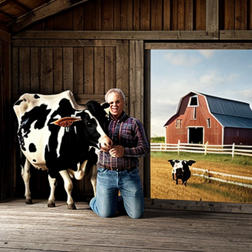 farmer with a barn and cow in the barn