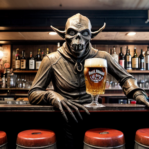 a grotesque, photorealistic dive bar frozen in time—peeling wallpaper stained with decades of smoke and spilled liquor, broken furniture piled like carcasses in the corners, a single flickering bulb casting jaundiced light. Front and center, a nightmare scarecrow slouches on a stool, its burlap face split by a stitched grin, cornstalk fingers wrapped around a bottle of Jack Daniels, tendrils of hay spilling from its rotting chest cavity where whiskey drips into exposed ribs. Beside it, three 1950s-era hazmat suits—faded yellow rubber, cracked visors fogged with condensation—lean drunkenly against the bar, gloved hands clutching martini glasses filled with neon-green sludge. A hunchbacked goblin with pustular skin and jagged teeth perches on a keg, chugging a foaming beer that spills down its chin onto a taxidermied rat hanging from its necklace. Towering over them all, a corroded bronze statue of Satan rises from the debris, one hoof resting on a toppled jukebox, its leering face tilted as if amused by the decay. The air is thick with the ghosts of a thousand bad decisions
