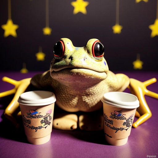 A hillarious, funny boho toad with some hippie colored coffee cups. Psychedelic decorated background.