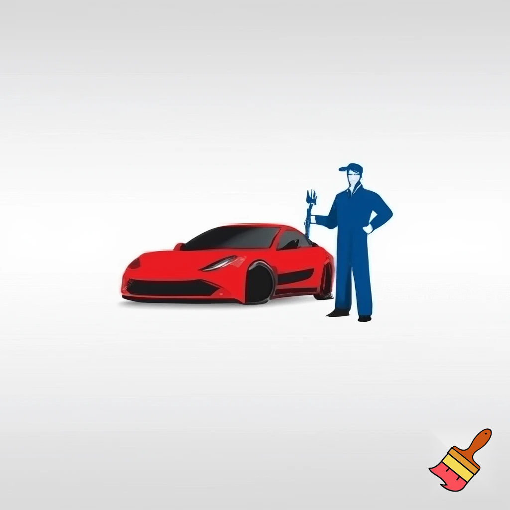 Erstelle ein Logo mit einem weißem Hintergrund. Es soll ein rotes Auto zusehen sein. Rechts daneben steht ein Mechaniker in blau gekleidet und einem Schraubenschlüssel in der Hand.