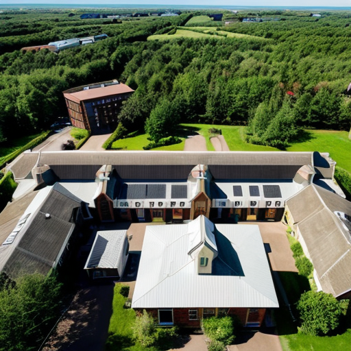 Aerial view of Asland Human peoples and children with sci-fi futuristic clothing at the Asland village with flag of Asland with white field and red-linned black saltire, beige sci-fi futuristic houses with red brick sci-fi futuristic roofs, grey sci-fi futuristic houses with red brick sci-fi futuristic roofs, beige sci-fi futuristic Catholic church with red brick sci-fi futuristic roof, road, gardens, corn fields, meadows taiga forest, hills and cloudy sky in May 2621.