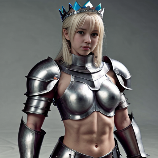 cute anime girl, huge muscles, she is a knight, she wears metal gauntlets, metal greaves and shoulder pads, she has a breastplate, her defined abs are exposed as well her upper arms, she has a tiara that has crown features

