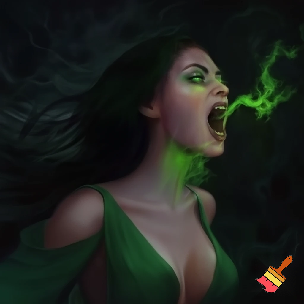 side profile of a young woman who has a wide open mouth, with a glowing green throat, glowing green eyes, and green flames spilling from her mouth, low cut green dress