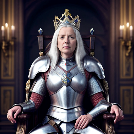 Tall, white-haired Queen of Poland in armor sitting on a throne