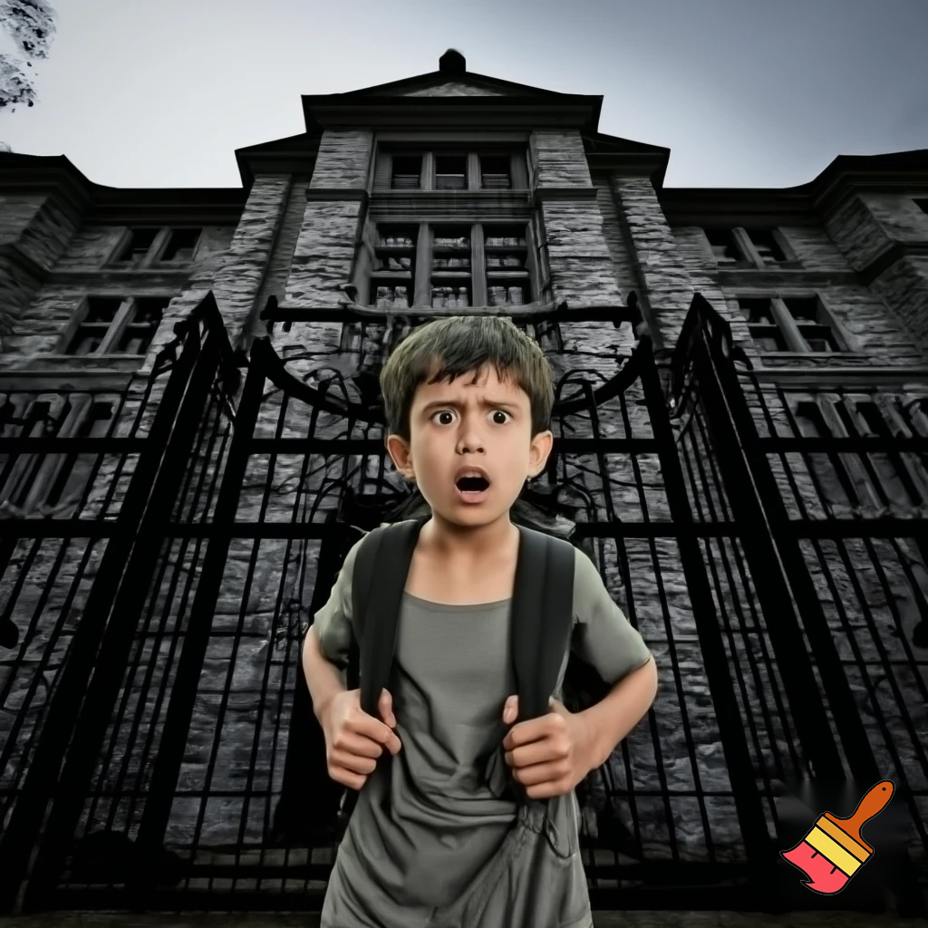 A boy is outside of the gates of his new school and he scared and school looks like prison comic style