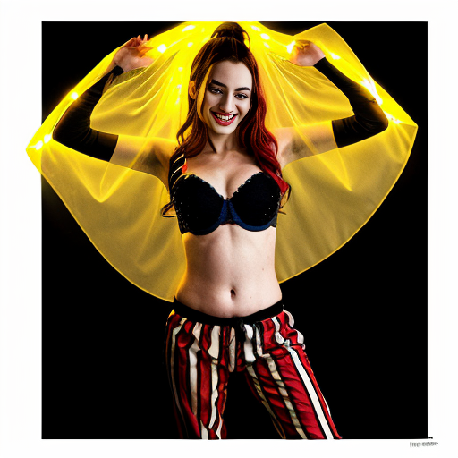 90's disney's 2d aladdin style comic black background and panels of 
panel 1 Harley Quinn with light black and red striped harem pants and bra and black and red curved slippers with both hand palms place together and hiding the bottom of her mouth with a light black and red striped veil wrapped around her arms and shoulders. 
panel 2 she danced with light black and red striped harem pants with light black and red striped bra and red and black curved slippers and with light black and red striped veil wrapped around her arms and shoulders and raising legs and bounced up and down her belly and shook her hips left and right. 
panel 3 as Harley Quinn with light black and red striped harem pants and bra and red and black curved slippers and with red and light black striped veil wrapped around her shoulders and arms and spreading her arms, happily revealing her face to the viewer and giving a smile as she shook her belly left and right. 
Panel 4 Harley Quinn with light black and red striped harem pants and bra and black and red curved slippers and with light black and red striped veil wrapped around her shoulders and arms has started to fading away , except her belly, which is bouncing around and growing. 
Panel 5 then the ball transforms into the fading in belly of Giant red haired giganta barefoot with dark yellow spotted yellow harem pants and bra and dark yellow spotted yellow veil wrapped around her arms and shoulders with her swaying her hips. 
Panel 6 red haired giganta barefoot with dark yellow spotted yellow harem pants and bra and dark yellow spotted yellow veil wrapped around her arms and shoulders then she is flexing her muscled arms