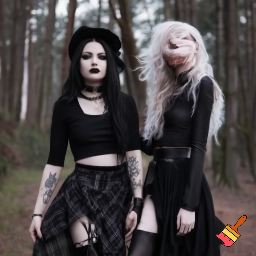 Two lesbian goth girls scissoring in the woods