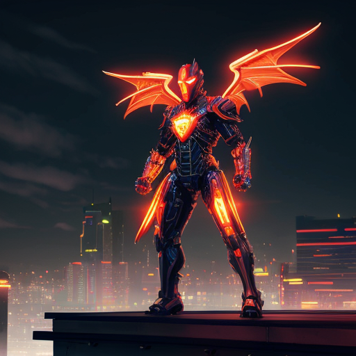 A powerful superhero wearing advanced dragon armor fusion of fantasy and futuristic technology, mechanical wings, glowing chest core reactor, dragon scale metal plating, heroic stance on a futuristic city rooftop at night, neon lights, cinematic atmosphere, volumetric lighting, ultra detailed, concept art, 4k