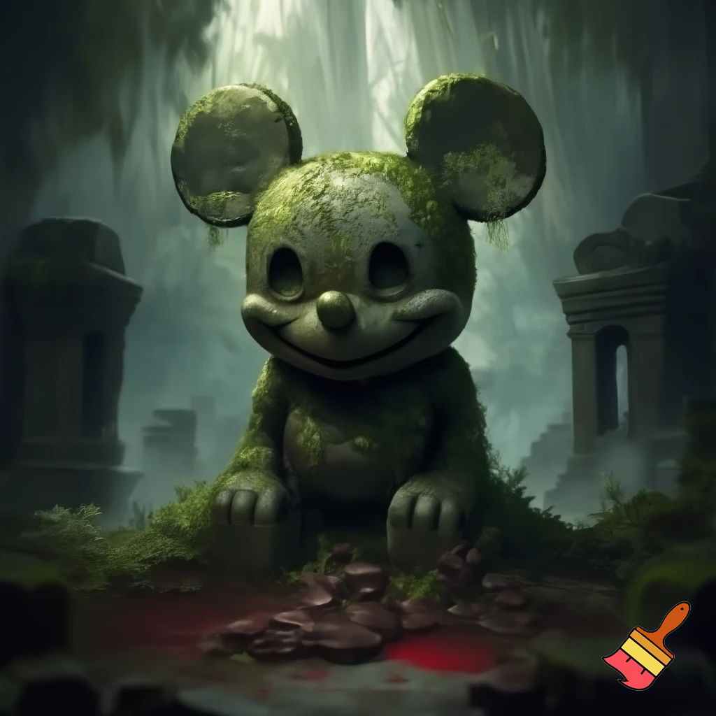 Ancient stone idol of Mickey Mouse with blood sacrifice