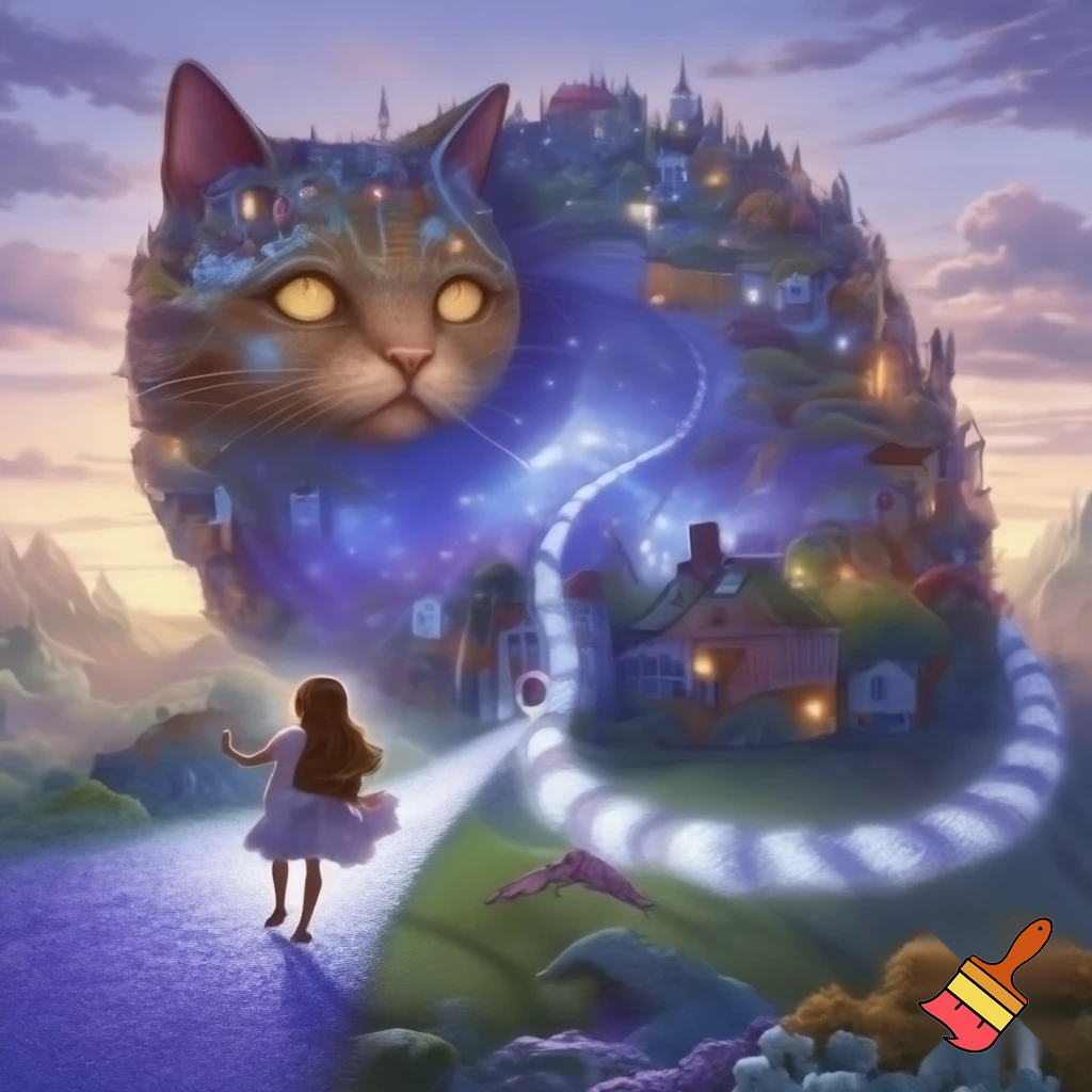Можешь создать картинку - огромный кот на фоне сказочной природы , сквозь  его тело  проходит дорога во вселенную, его шкура состоит из домиков сказочных, его хвост пушистый полосатый в виде дороги, по которой идет юная девочка в полупрозрачном легком платьице , босиком, а на выходе из кота полупрозрачный силуэт взрослой девушки.