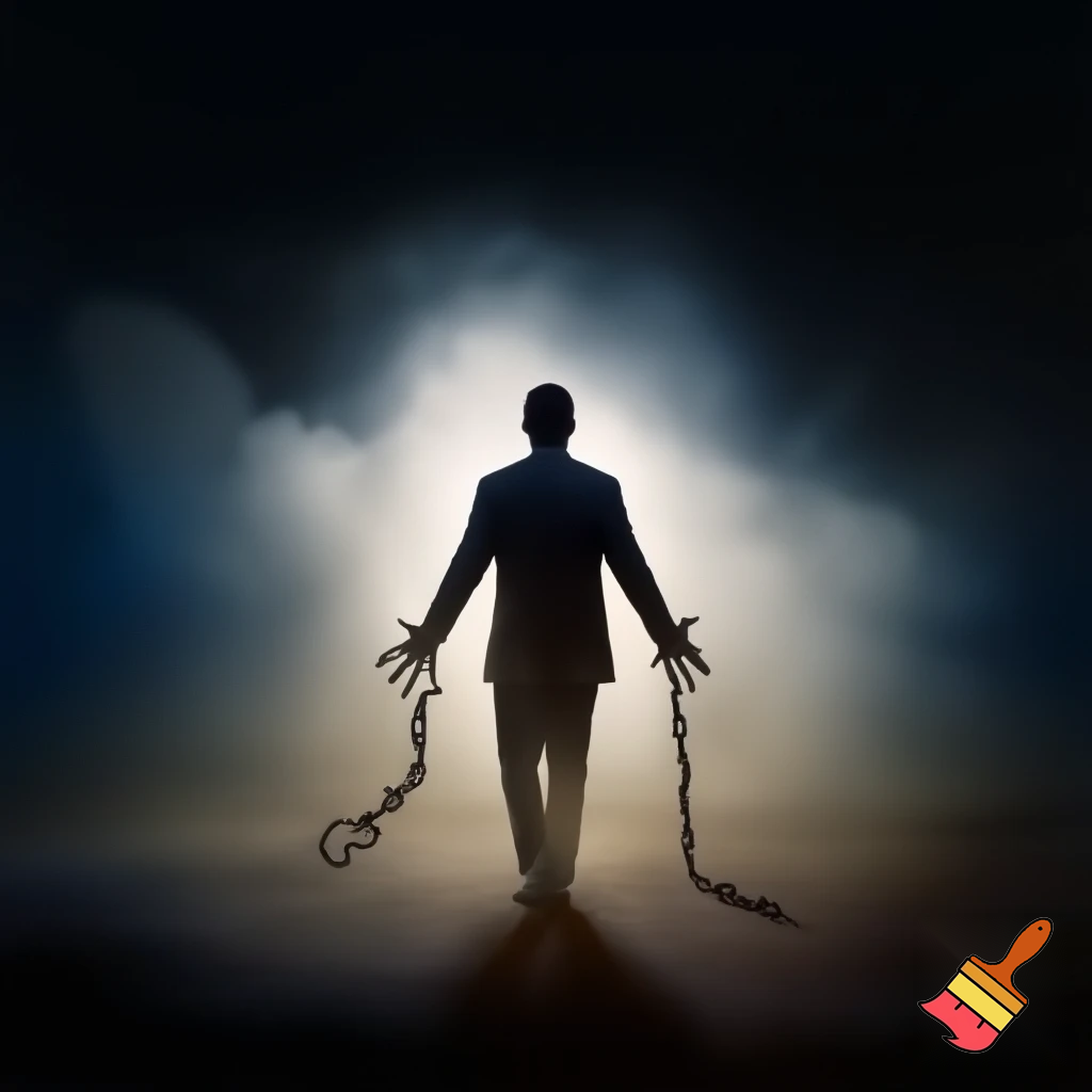A man walking from darkness into bright light, broken chains on hands, dust and smoke behind, symbol of freedom and growth, cinematic composition, emotional depth, realistic lighting, hope and determination theme, ultra-high resolution