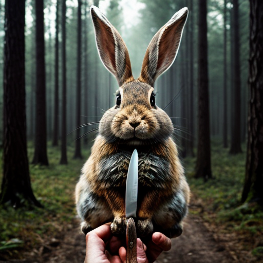 European rabbit, holding knife, dark forest, evil,
