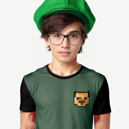  anime teenage boy with a green hat with a minecraft tnt design on it, green eyes, black glasses and a green jumper