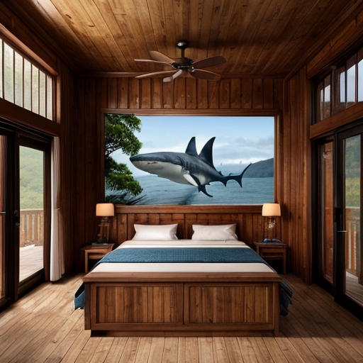Make a shark with blue jordans in a big wood cabin called "The Tung tung Inn"