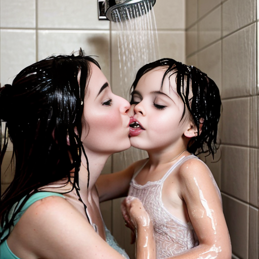 Genera la imagen real en alta definicion de dos niña rubias de 6 años, besando a su padre en la ducha, las niñas deben estar vestidas con lenceria de encaje transparente