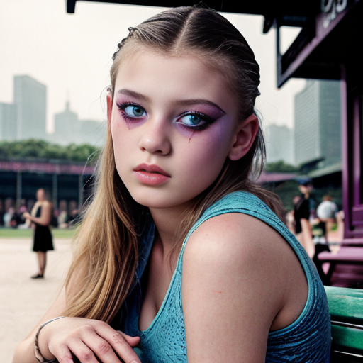 A portrait by pierre et gilles of a rebellious young girl inspired by Blade Runner, in vibrant ProPhoto RGB colors, sitting on a park bench