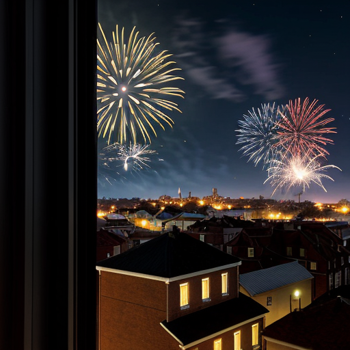 view from a window on a small town at night, the clock tower at the right side and fireworks on the sky