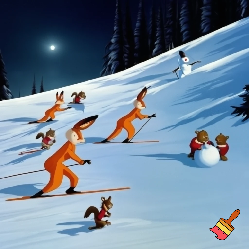 Drawing in old cartoons style. Every object is distinctive. Hares in ski suits are skiing on a snow-covered slope with dense forest on the edges. Next to them foxes in ski suits are skiing on a snow-covered slope with dense forest on the edges. Next to them bear cubs in winter clothes are making a snowman on a snow-covered slope with dense forest on the edges. Next to them squirells in winter clothes are playing with snowballs on a snow-covered slope with dense forest on the edges at dark night