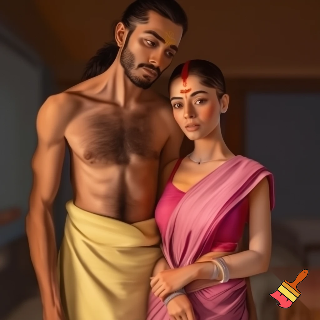 young, tall, brown-skinned, lean, broad shouldered, muscular husband with thin beard and moustache, and with adequate body hair on chest, shoulders, and legs, and sporting thin-line saffron vermilion mark on his forehead, and wearing pale yellow towel; young, fair-skinned, extremely beautiful, wife wearing pink saree with pink sleeveless blouse, wearing red dot vermilion mark on her forehead, and wearing necklace and bangles; husband standing behind wife. 