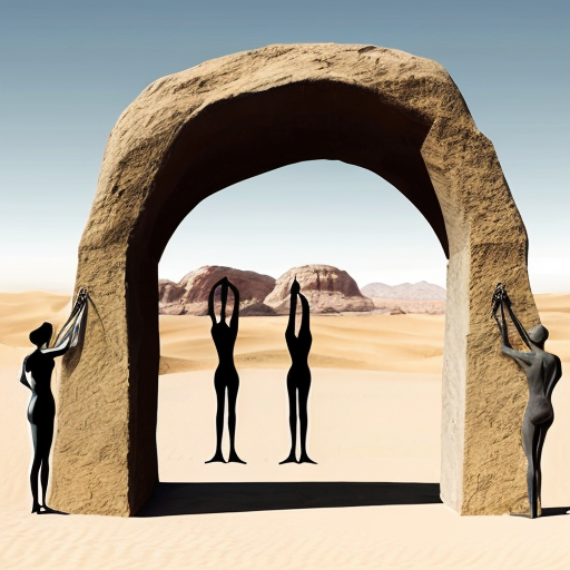 Paint the stones of a desert arch with multiple abstract figures in Tanguy and Matisse style