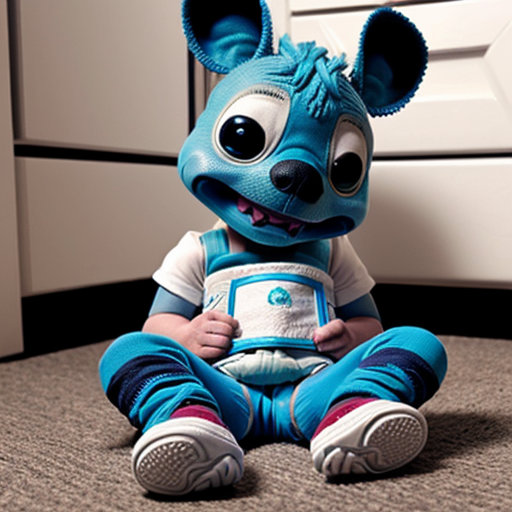 Stitch as a giant sitting down wearing his diaper and sneakers 